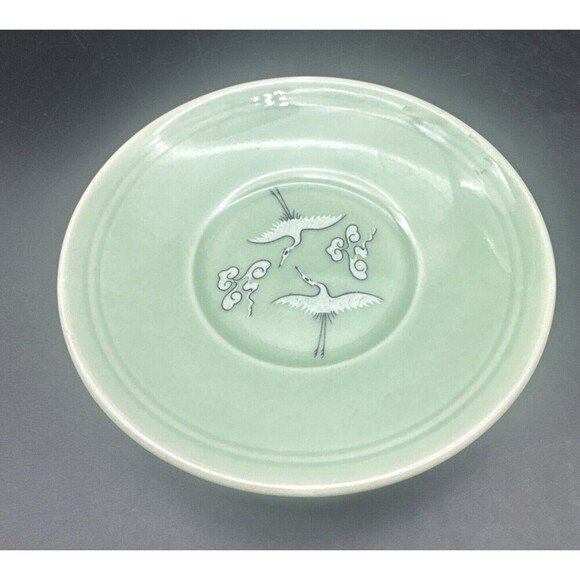 VTG Korean Celadon Soft Green Glaze Flying Crane Tea Cup Set Service For 2 - Picture 14 of 16